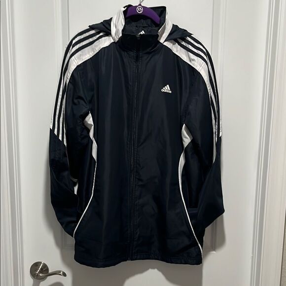 Adidas Performance Navy and White Hooded Windbreaker Jacket NWOT SZ L - Picture 1 of 9